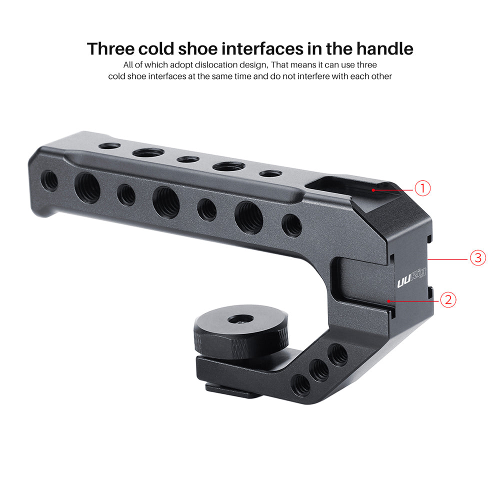 Uniqkart R005 Camera Cold Shoe Handle with 1/4+3/8 Inch Screw 3 Cold Shoe for DSLR Cameras Microphone Mini LED light