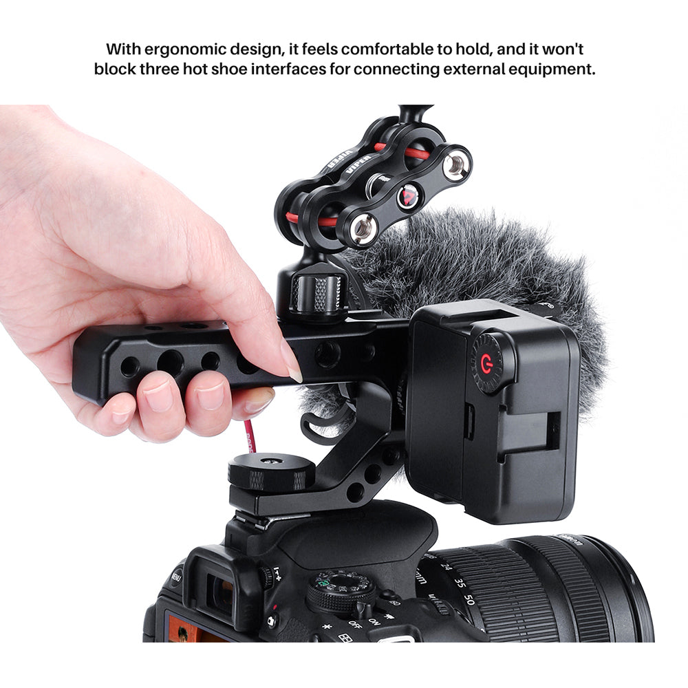 Uniqkart R005 Camera Cold Shoe Handle with 1/4+3/8 Inch Screw 3 Cold Shoe for DSLR Cameras Microphone Mini LED light