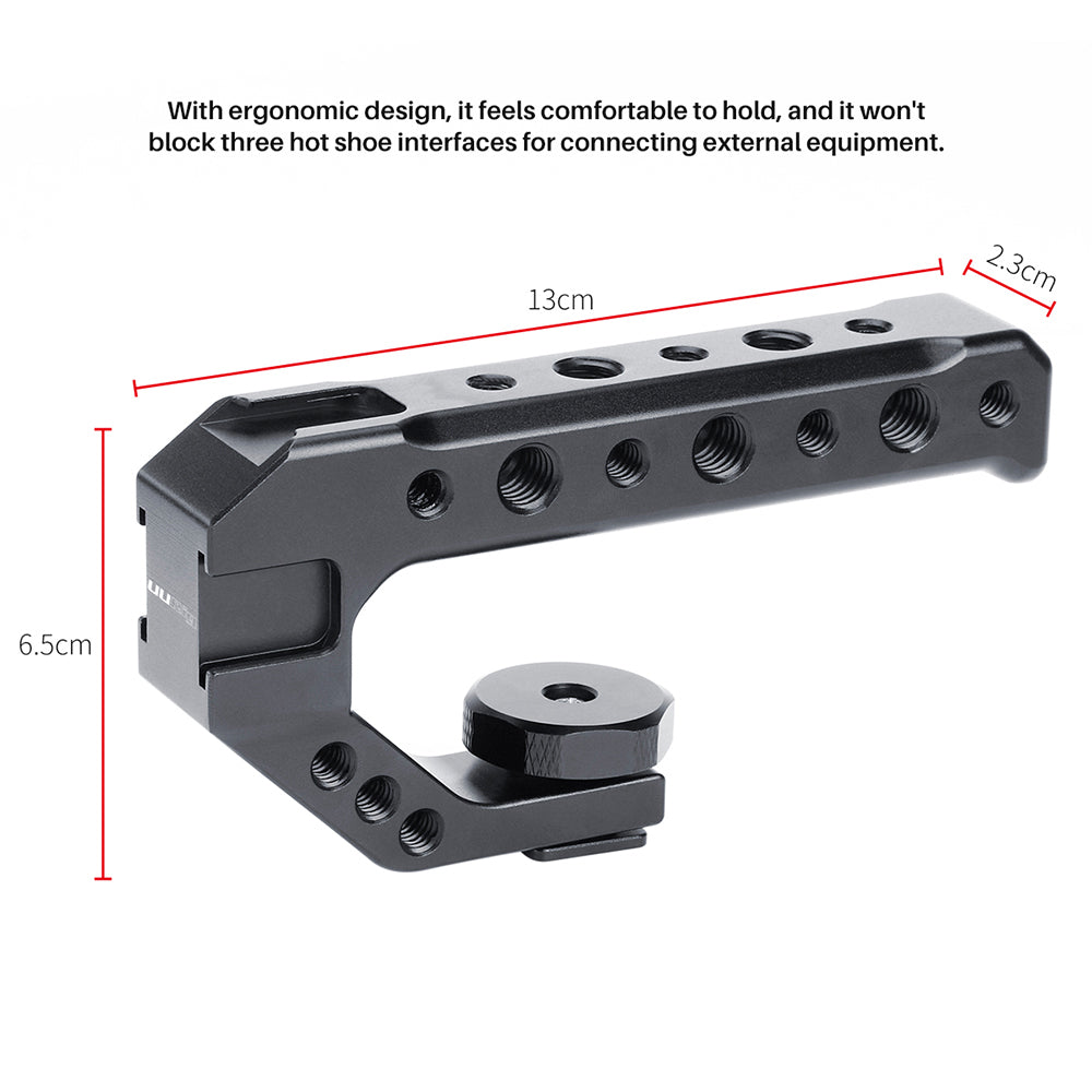 Uniqkart R005 Camera Cold Shoe Handle with 1/4+3/8 Inch Screw 3 Cold Shoe for DSLR Cameras Microphone Mini LED light