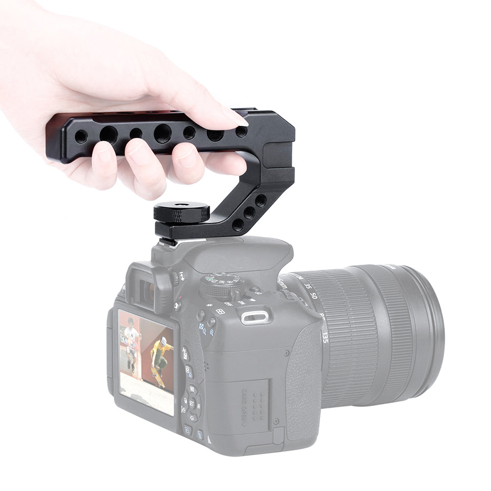 Uniqkart R005 Camera Cold Shoe Handle with 1/4+3/8 Inch Screw 3 Cold Shoe for DSLR Cameras Microphone Mini LED light