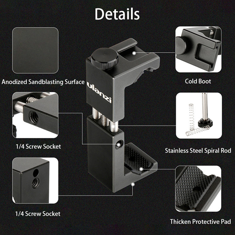 Uniqkart ST-02S Tripod Phone Mount with Cold Shoe 1/4 Screw Phone Mount Stand Clip for 6.5-9.5cm Smartphone