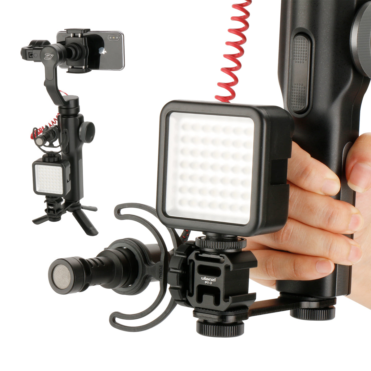 Uniqkart PT-3 Triple Cold Shoe Mount Adapter Microphone Extension Bar for Zhiyun Smooth 4 DJI Osmo Pocket