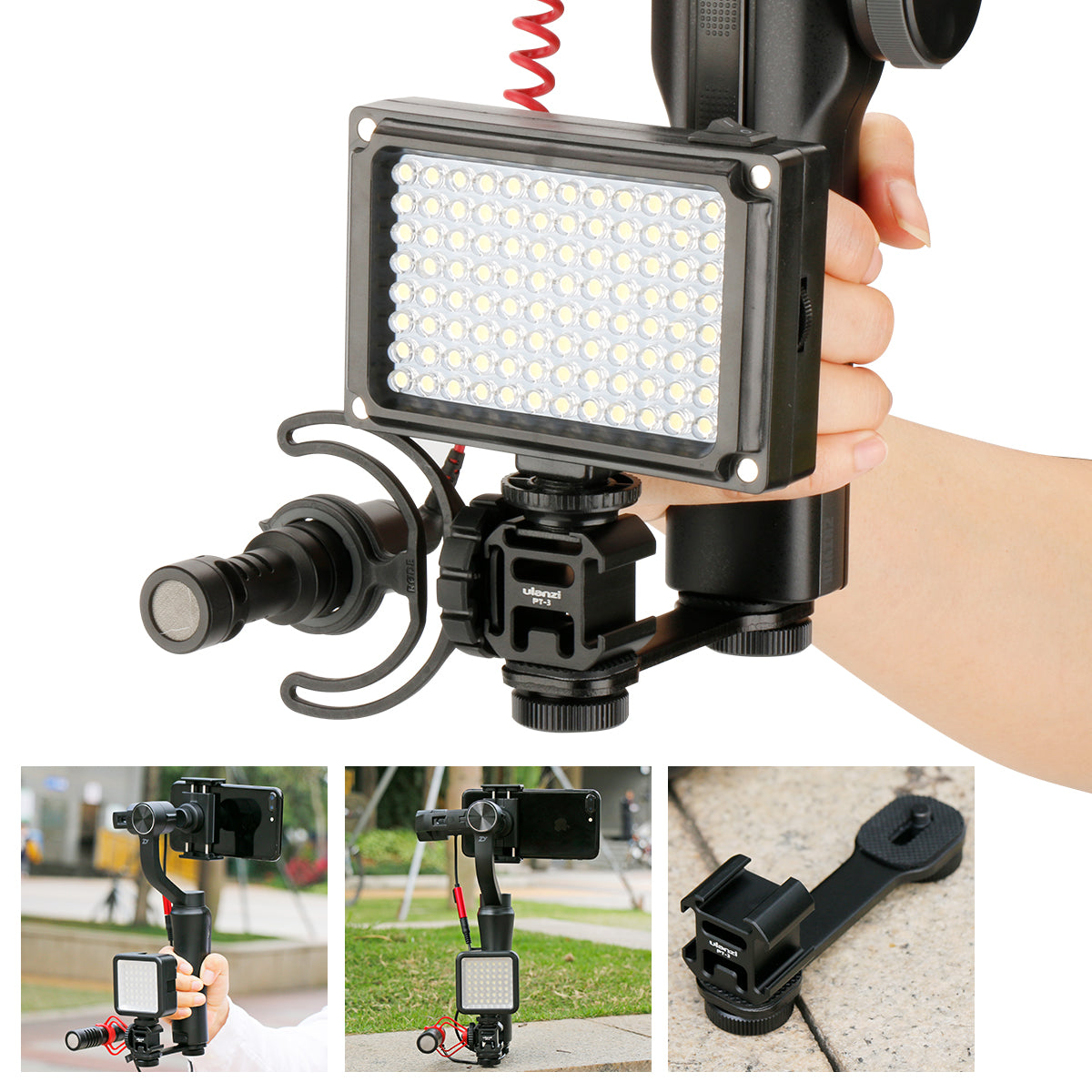 Uniqkart PT-3 Triple Cold Shoe Mount Adapter Microphone Extension Bar for Zhiyun Smooth 4 DJI Osmo Pocket