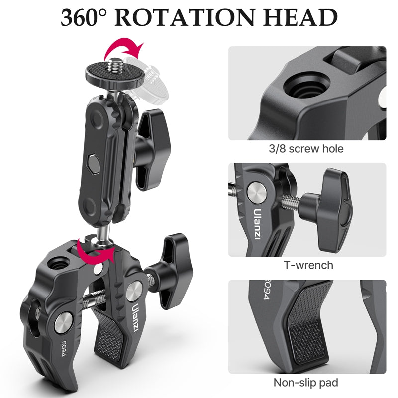 ULANZI R094 Camera Clamp Mount Multi-function Monitor Holder 360-degree Ball Head Adapter with 1/4&quot; 3/8&quot; Screw for DSLR Camera/LED Lights