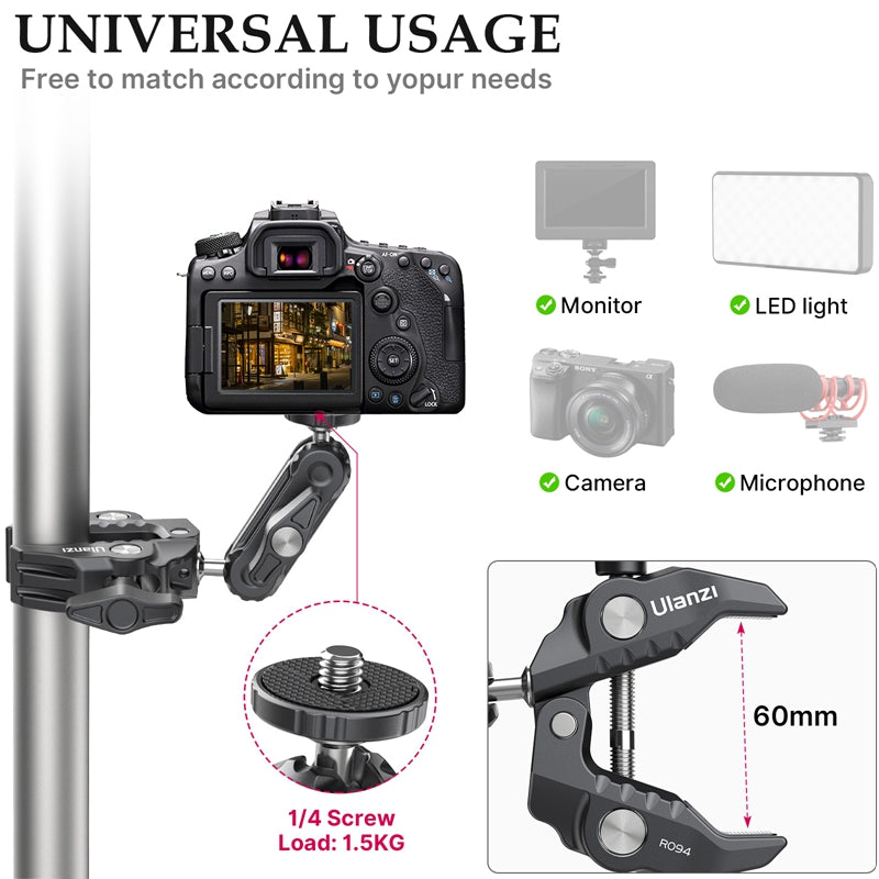 ULANZI R094 Camera Clamp Mount Multi-function Monitor Holder 360-degree Ball Head Adapter with 1/4&quot; 3/8&quot; Screw for DSLR Camera/LED Lights