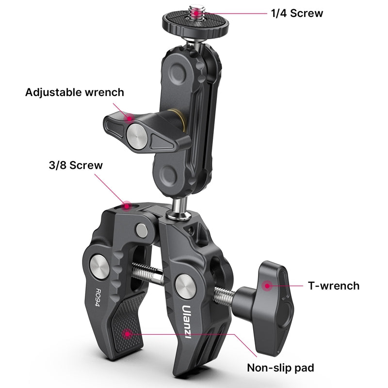 ULANZI R094 Camera Clamp Mount Multi-function Monitor Holder 360-degree Ball Head Adapter with 1/4&quot; 3/8&quot; Screw for DSLR Camera/LED Lights