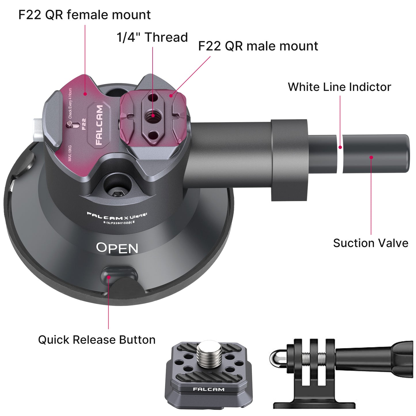 ULANZI FALCAM F22 3 inch Quick Release Suction Cup Mount Compatible with Action Camera Boats Vehicle Windshield &amp; Window Camera Holder