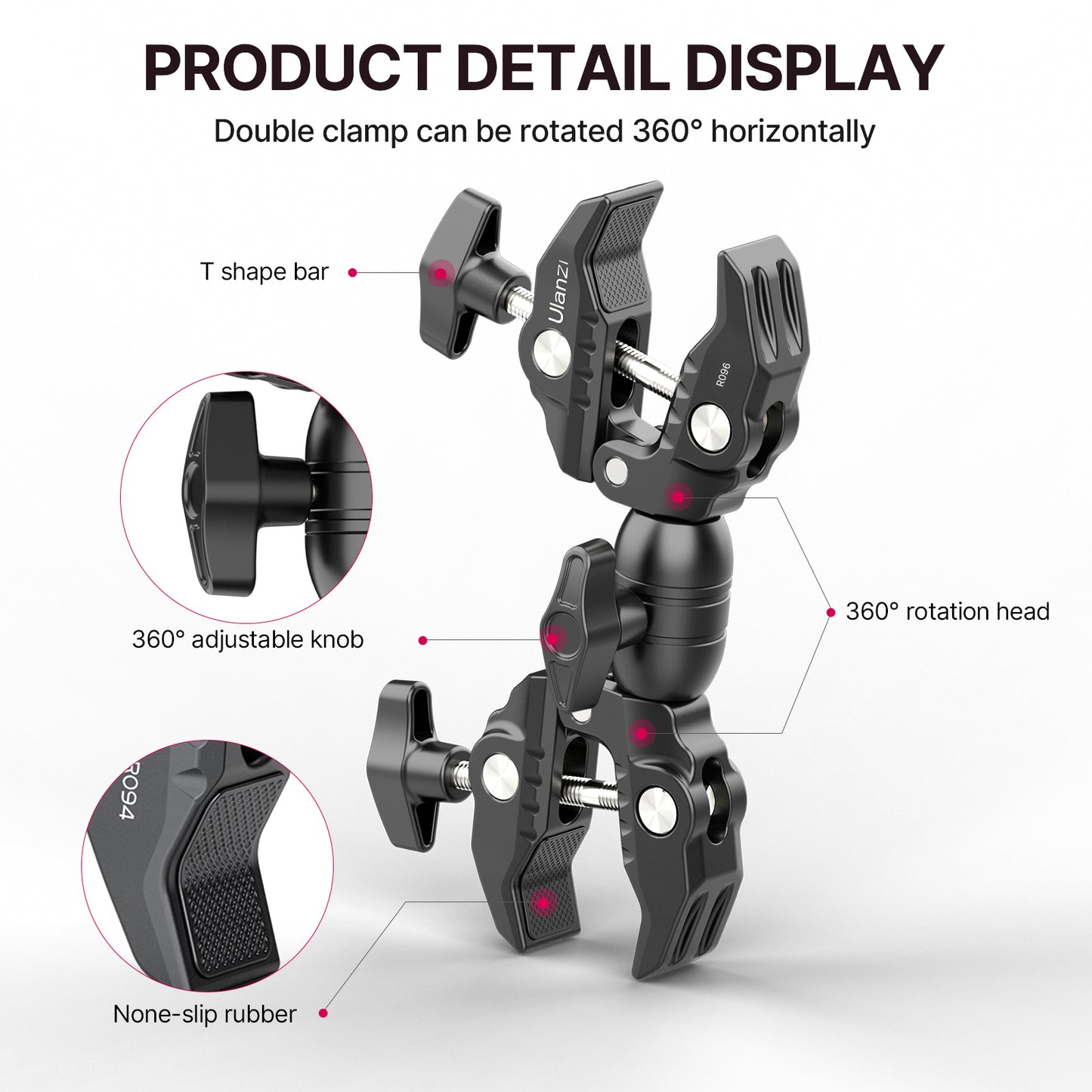 Uniqkart R096 Double Super Clamp Magic Arm Super Crab Clip 360 Degree Dual-head Clamp Plier Clip Adapter for LED Light Action Camera