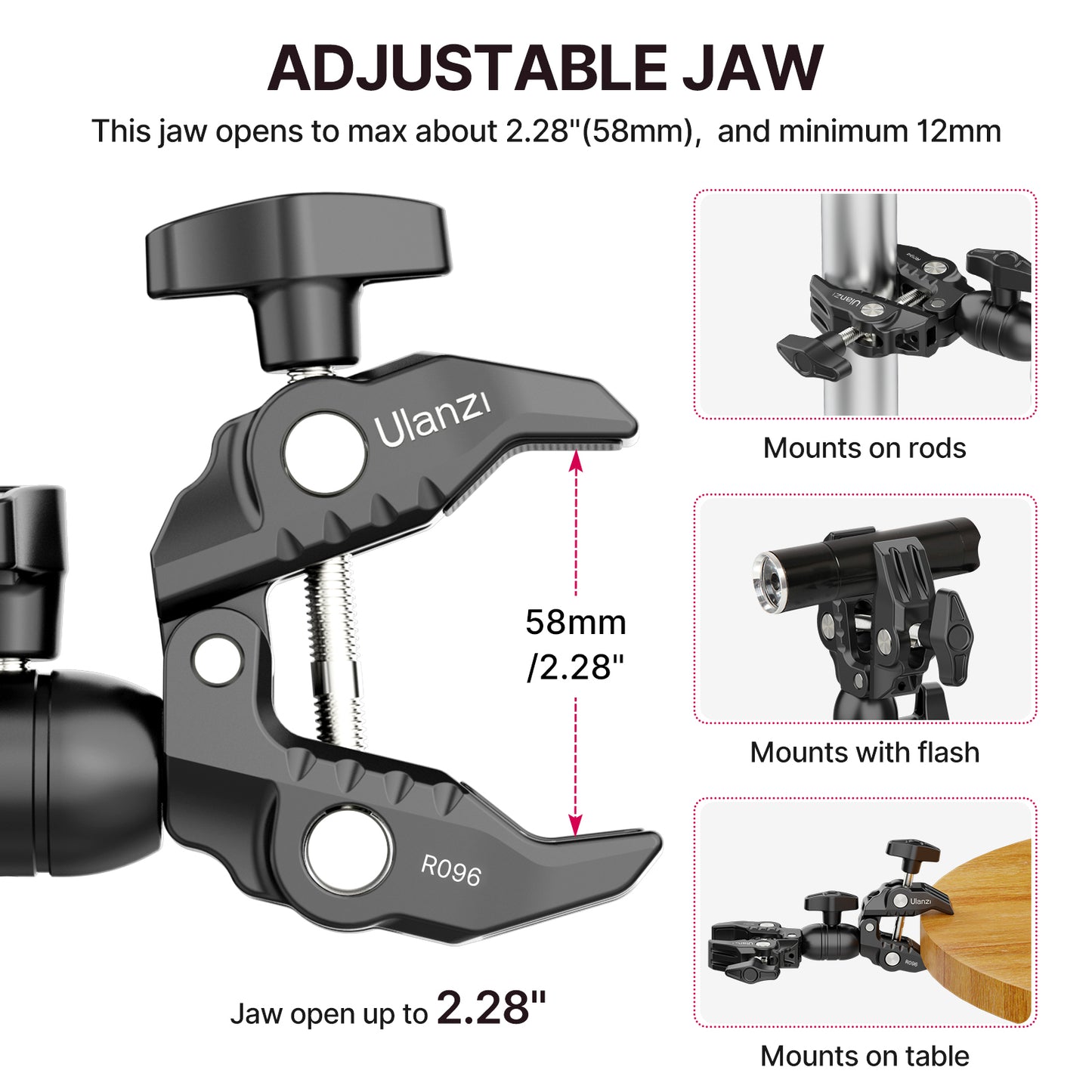 Uniqkart R096 Double Super Clamp Magic Arm Super Crab Clip 360 Degree Dual-head Clamp Plier Clip Adapter for LED Light Action Camera