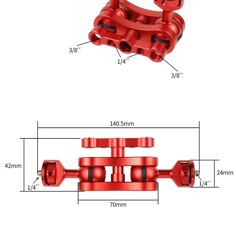 KF30324 360 Degree Rotation Universal Magic Arm 1/4&quot; Screw Thread Double Ballhead Adapter - Red