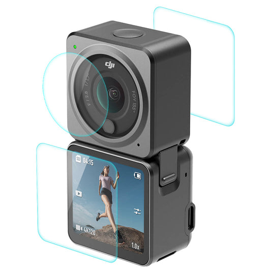 Uniqkart for DJI Action 2 Dual Screen Protector, 9H High-Alumina-Silicon Tempered Glass Front Back Screen Protector + Lens Film