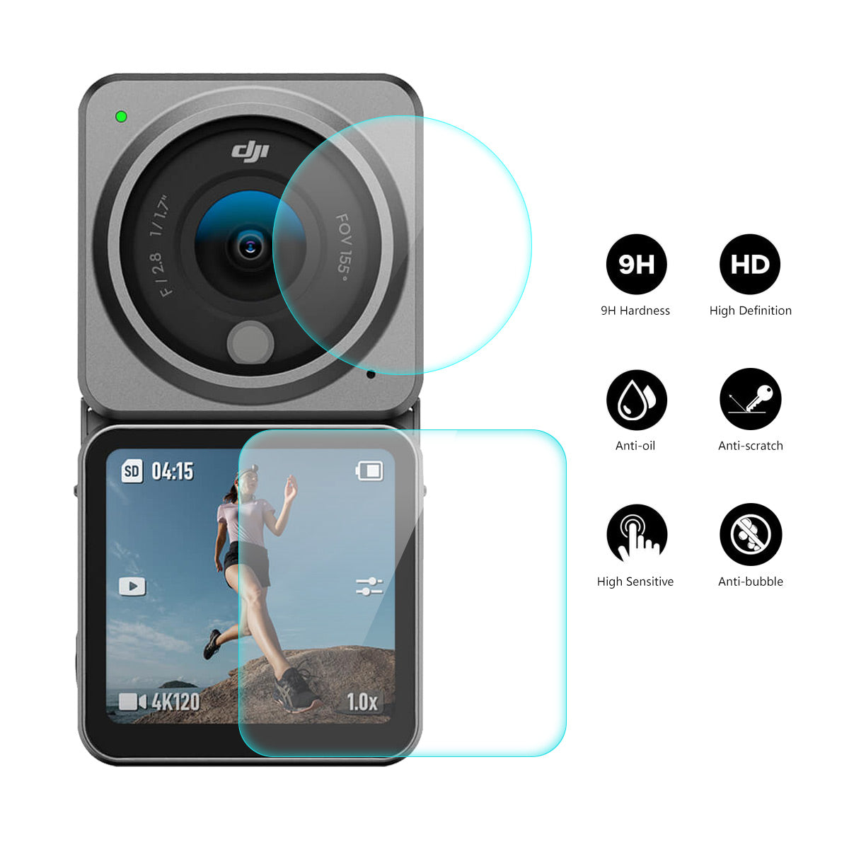 Uniqkart for DJI Action 2 Dual Screen Protector, 9H High-Alumina-Silicon Tempered Glass Front Back Screen Protector + Lens Film