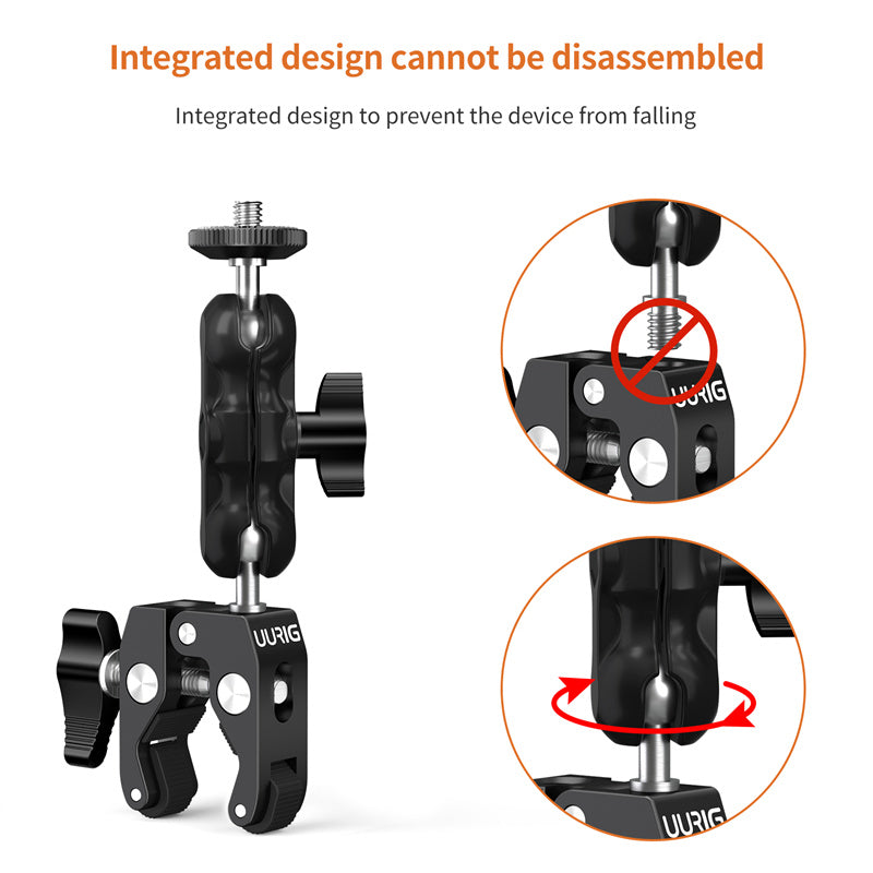 UURIG Integrated Camera Clamp Mount Multi-function Monitor Holder 360-degree Ball Head with 1 / 4&quot; 3 / 8&quot; Adapter for DSLR Camera / LED Lights