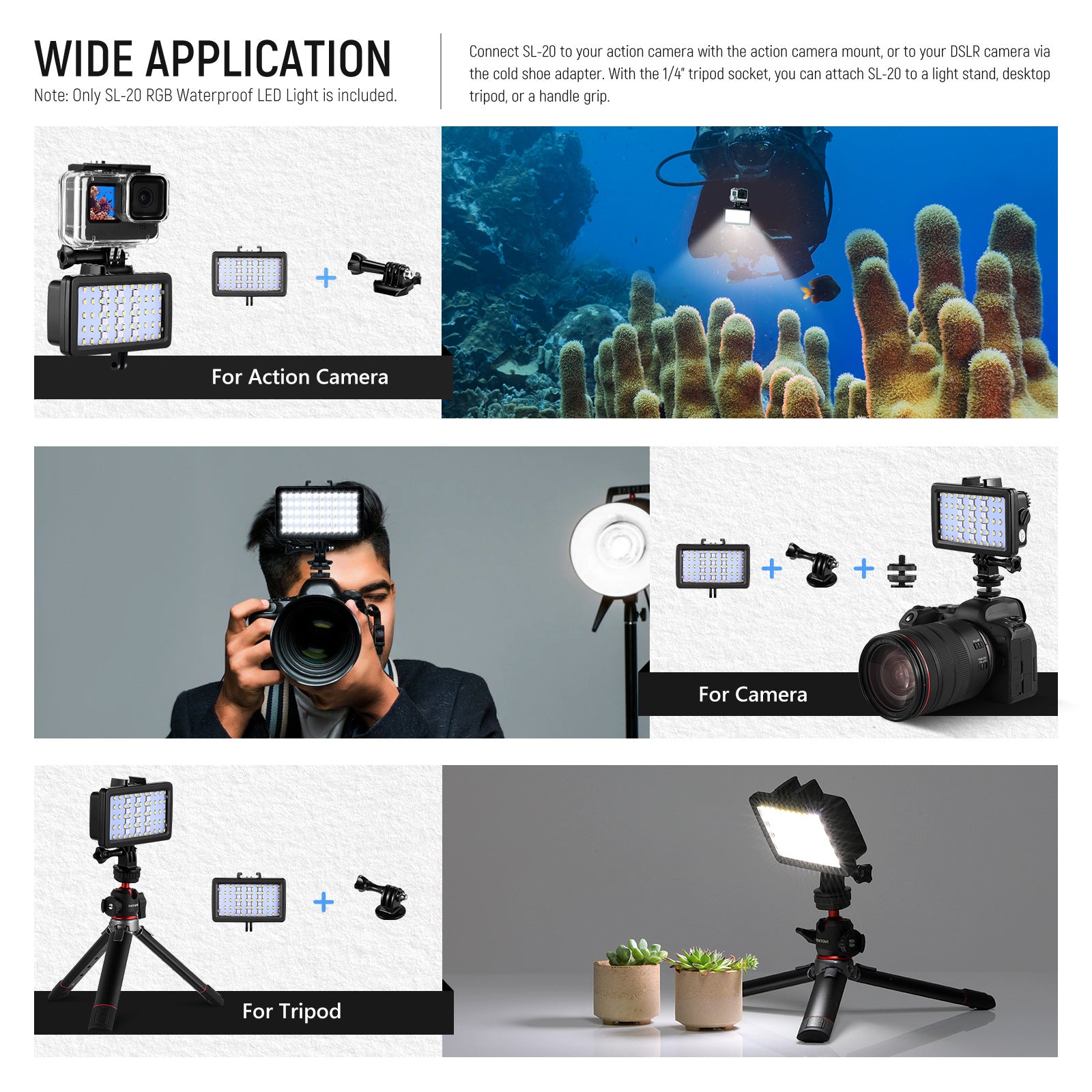 Uniqkart SL-20 Waterproof Colorful Camera LED Fill Light Video Light High Brightness 40m Underwater Diving Light for GoPro