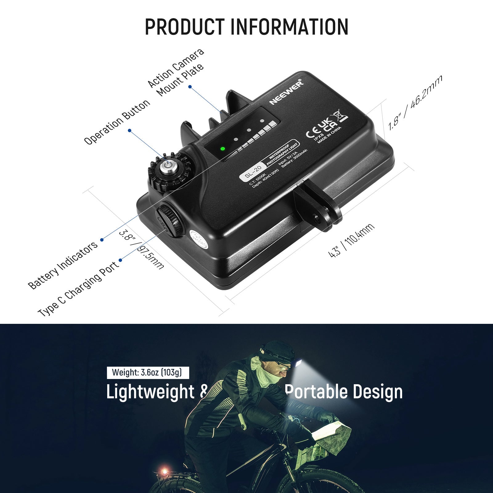 Uniqkart SL-20 Waterproof Colorful Camera LED Fill Light Video Light High Brightness 40m Underwater Diving Light for GoPro