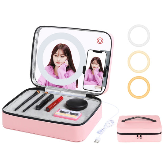 Puluz PU516 Touch Adjustable Ring Light Multifunctional Live Broadcast Makeup Mirror Cosmetic Storage Box Bag with Phone Clamp - Pink