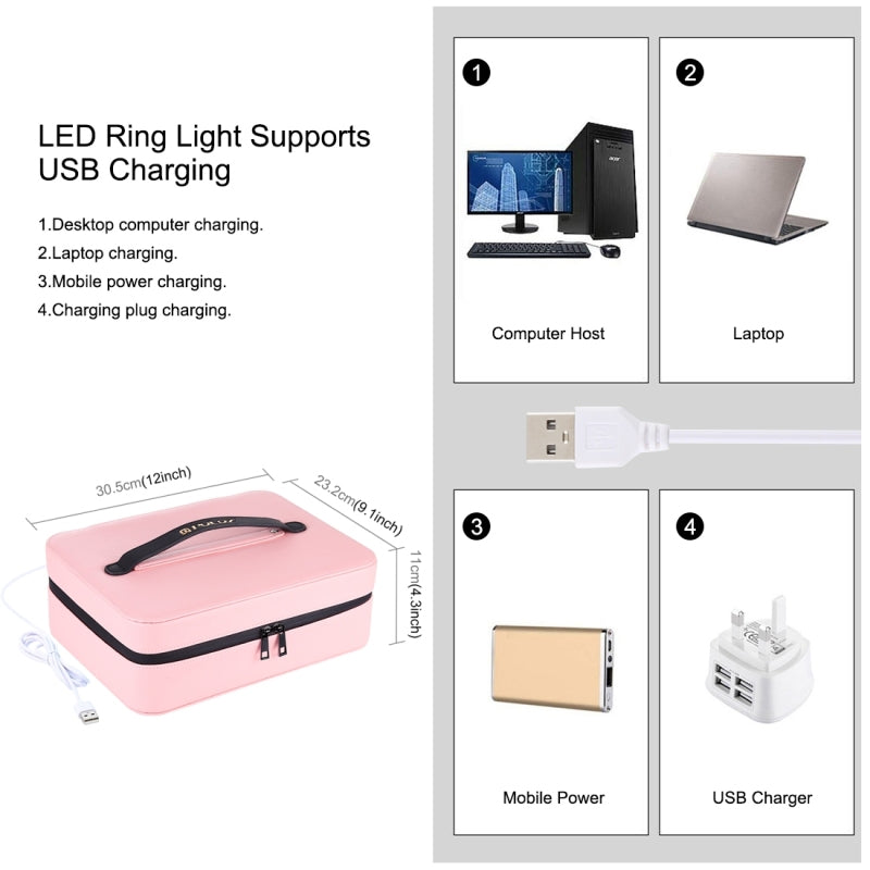 Puluz PU516 Touch Adjustable Ring Light Multifunctional Live Broadcast Makeup Mirror Cosmetic Storage Box Bag with Phone Clamp - Pink