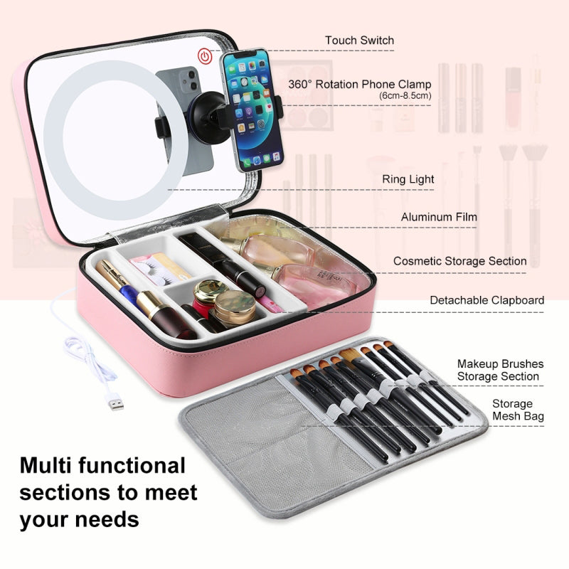 Puluz PU516 Touch Adjustable Ring Light Multifunctional Live Broadcast Makeup Mirror Cosmetic Storage Box Bag with Phone Clamp - Pink
