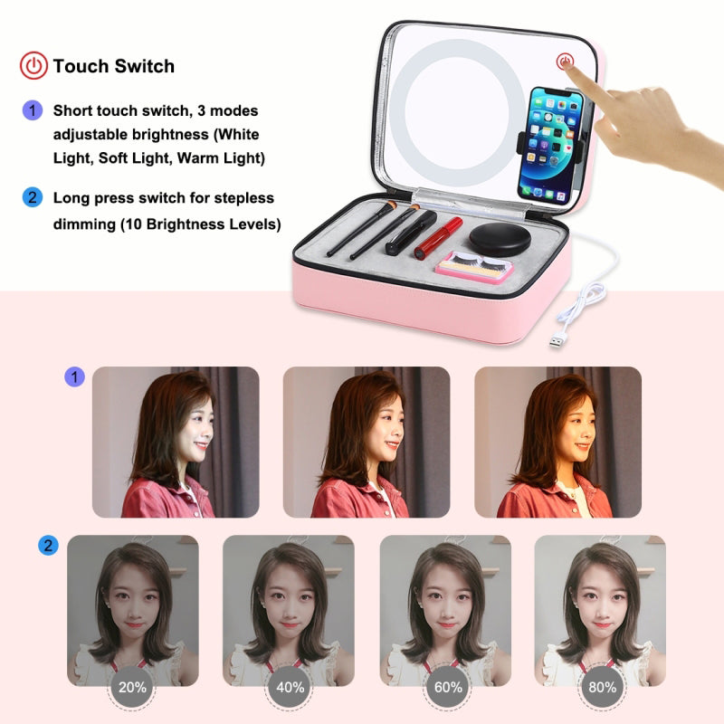 Puluz PU516 Touch Adjustable Ring Light Multifunctional Live Broadcast Makeup Mirror Cosmetic Storage Box Bag with Phone Clamp - Pink