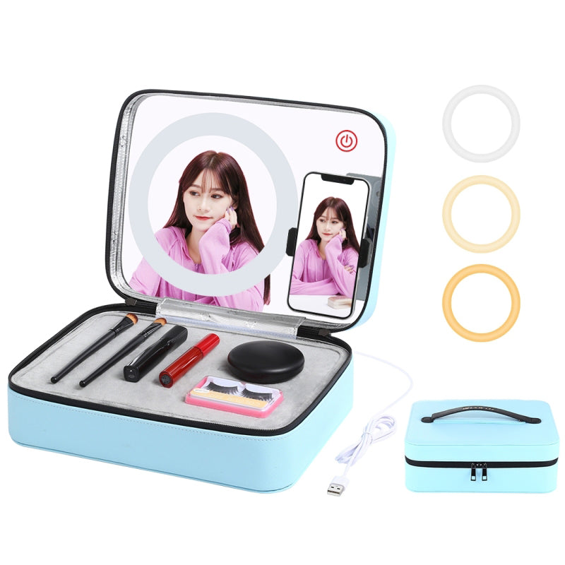 Puluz PU516 Touch Adjustable Ring Light Multifunctional Live Broadcast Makeup Mirror Cosmetic Storage Box Bag with Phone Clamp - Blue