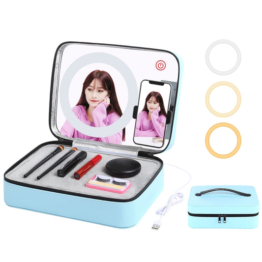 Puluz PU516 Touch Adjustable Ring Light Multifunctional Live Broadcast Makeup Mirror Cosmetic Storage Box Bag with Phone Clamp - Blue
