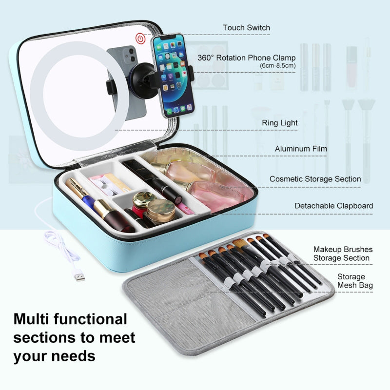 Puluz PU516 Touch Adjustable Ring Light Multifunctional Live Broadcast Makeup Mirror Cosmetic Storage Box Bag with Phone Clamp - Blue