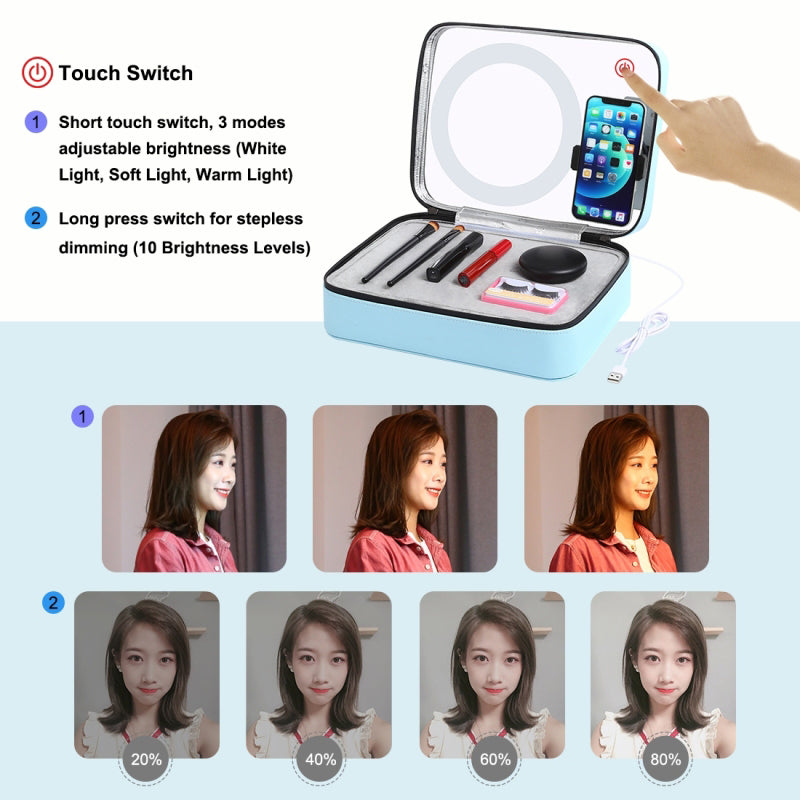 Puluz PU516 Touch Adjustable Ring Light Multifunctional Live Broadcast Makeup Mirror Cosmetic Storage Box Bag with Phone Clamp - Blue