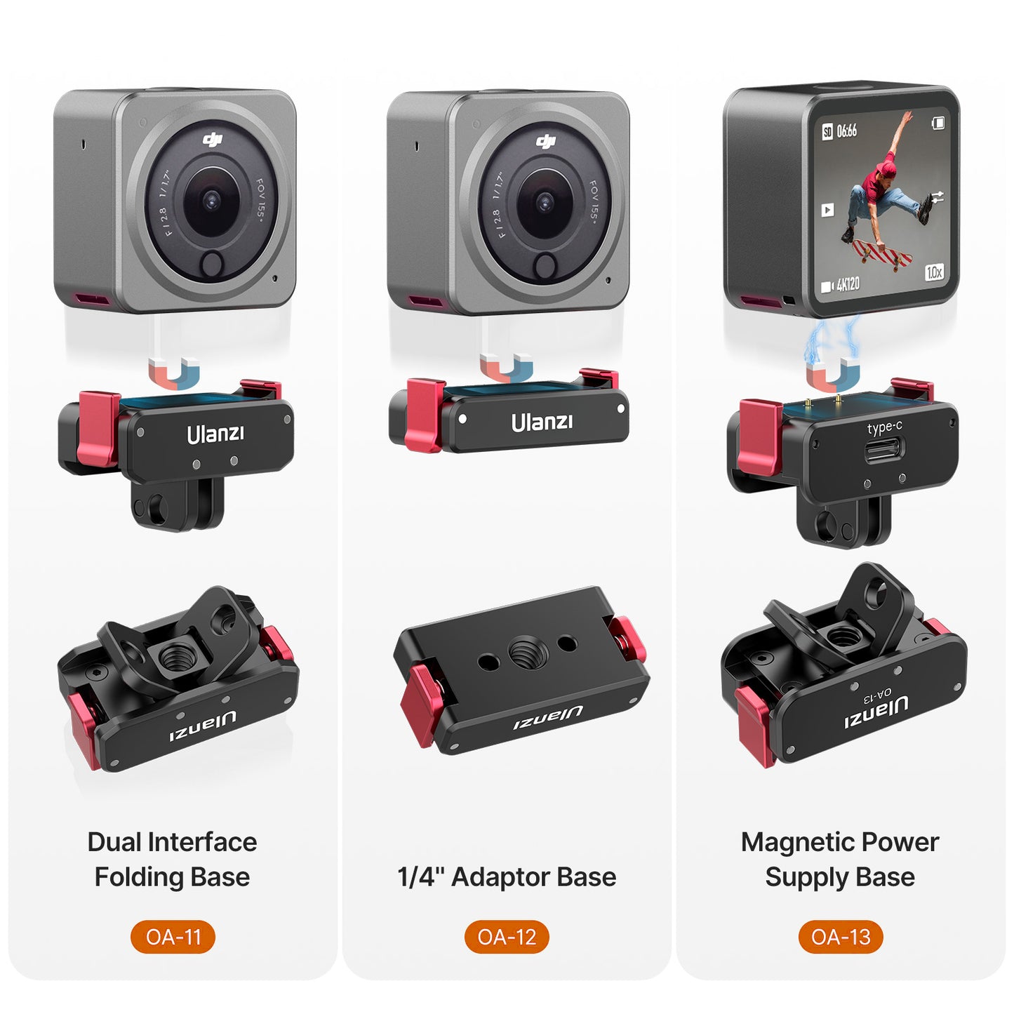 ULANZI OA-11 For DJI Action 2 Magnetic Adapter Mount Dual Interface Folding Base with 1/4&quot; Port Camera Accessories