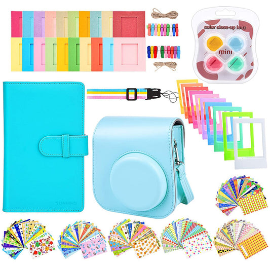 Instant Camera Accessories Compatible with Fujifilm Instax Mini 11, 14-in-1 Shutter Accessories Bundle with PU Leather Bag / Shoulder Strap / Instant Camera Gift Sets - Blue