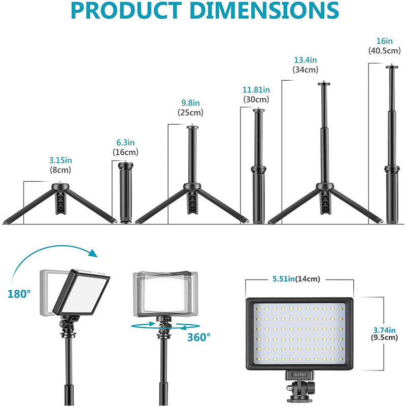 Uniqkart N-96 Portable Photography Lighting Kit Dimmable 5600K 66-LED USB Video Lamp with 40cm Mini Tripod Stand