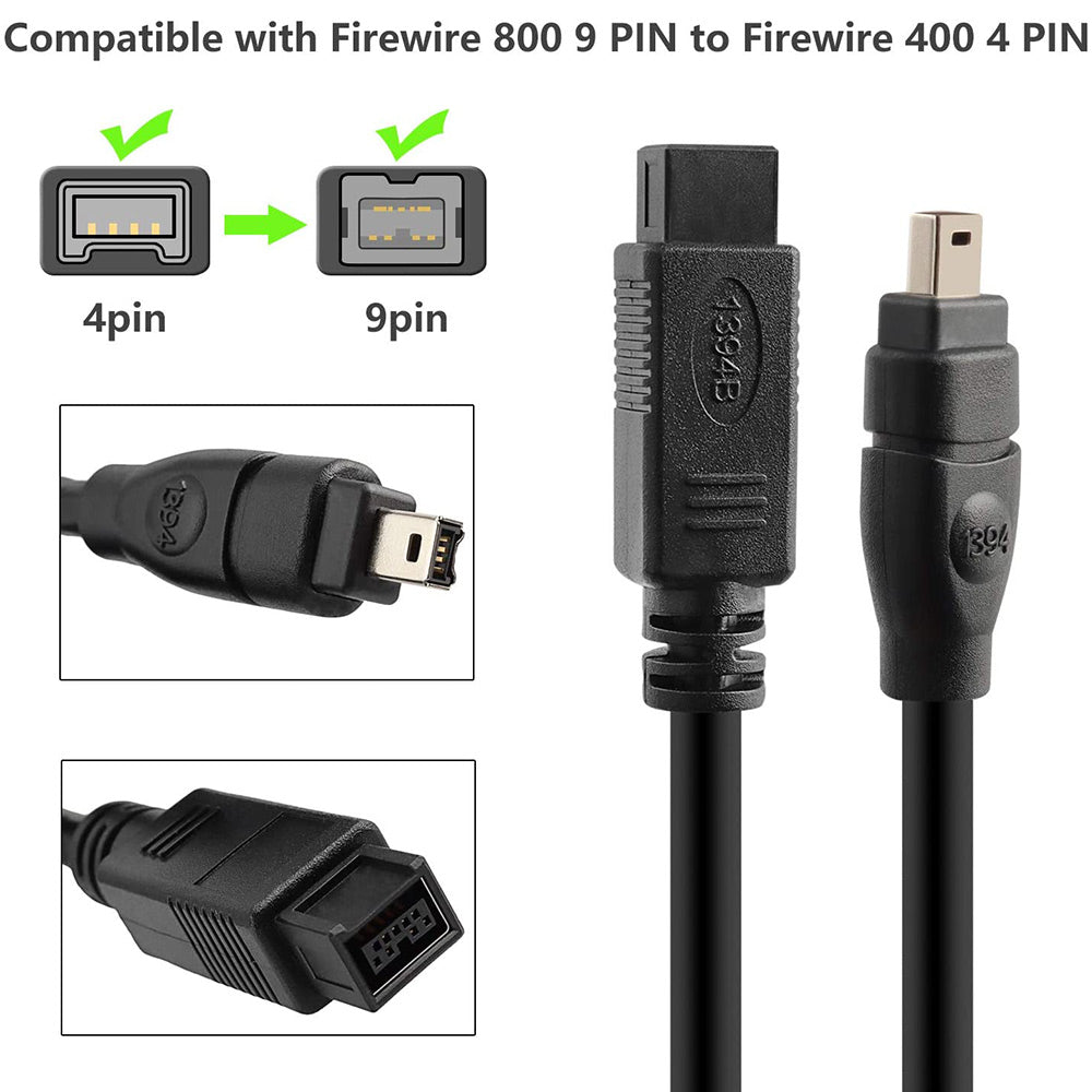 Uniqkart 1.8m IEEE 1394 FireWire 800 9Pin to 400 4Pin Data Cable Adapter for MacBook Camera