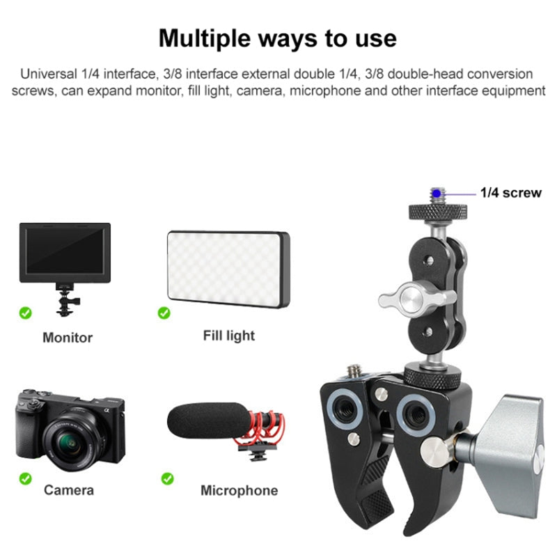 WN-40 Multifunctional Crab Clamp Mount Aluminum Alloy Desk Wall Panel Holder Clip with 1 / 4&quot; and 3 / 8&quot; Thread