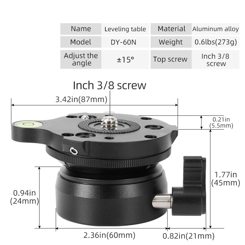 Uniqkart DY60N-A / S Tripod Leveling Base Half Ball Quick Tilted Up / Down 15 Degrees for Canon Nikon DSLR Cameras