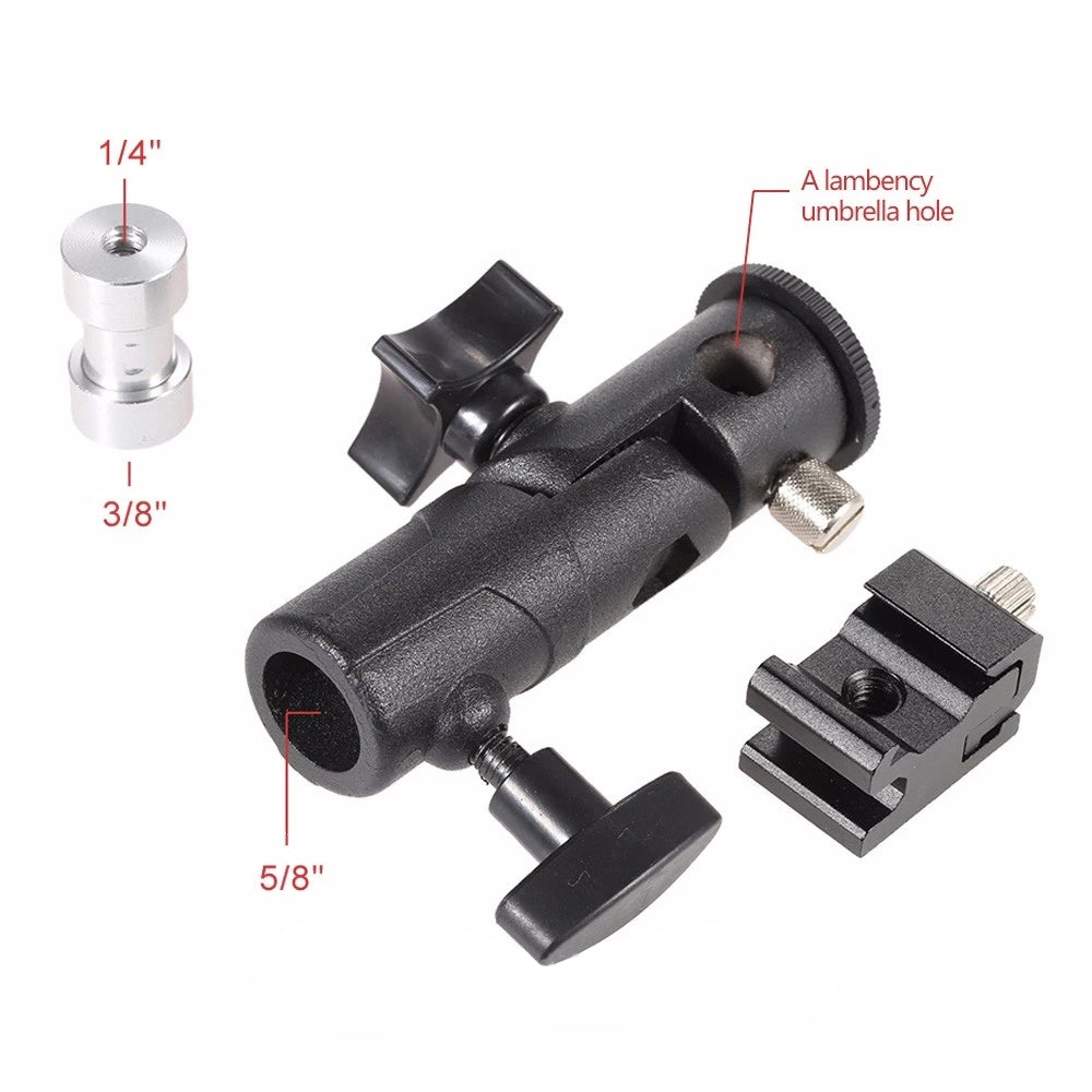 E005 Metal Flash Light Tripod Camera Mount Adapter with 3 / 8inch to 1 / 4inch Converter, Photography Reflector Holder with Umbrella Hole
