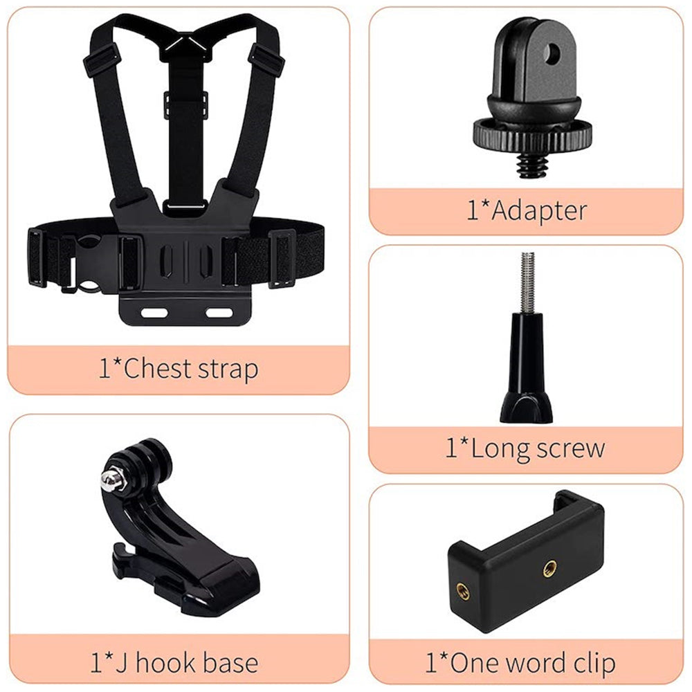 for GoPro Hero 11 / 10 / 9 / 8 / 7 / 6 / 5 / 4 / 3+ Chest Strap Belt 5-in-1 Body Harness Mount Set with 1 / 4inch Adapter, Clip, Long Screw