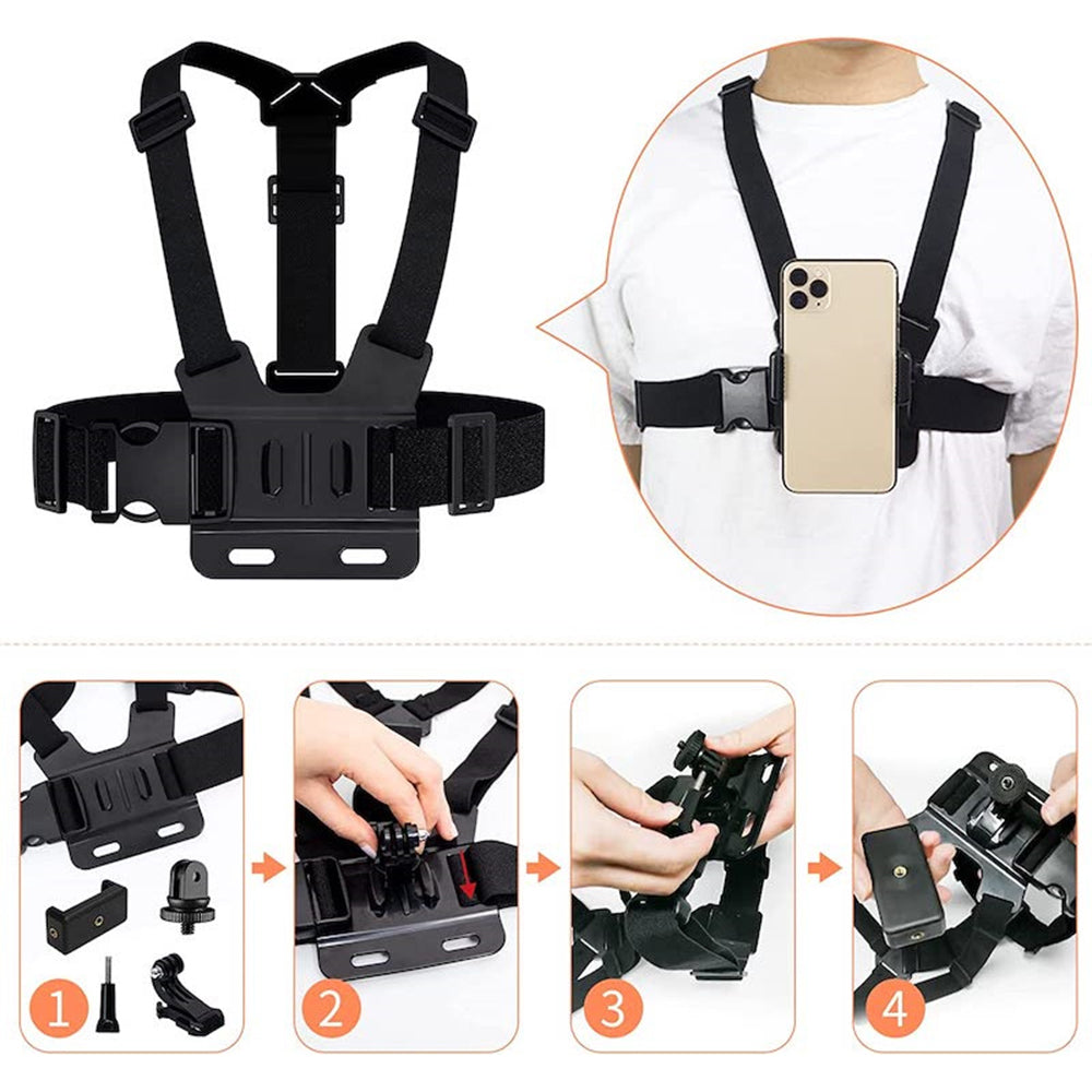 for GoPro Hero 11 / 10 / 9 / 8 / 7 / 6 / 5 / 4 / 3+ Chest Strap Belt 5-in-1 Body Harness Mount Set with 1 / 4inch Adapter, Clip, Long Screw
