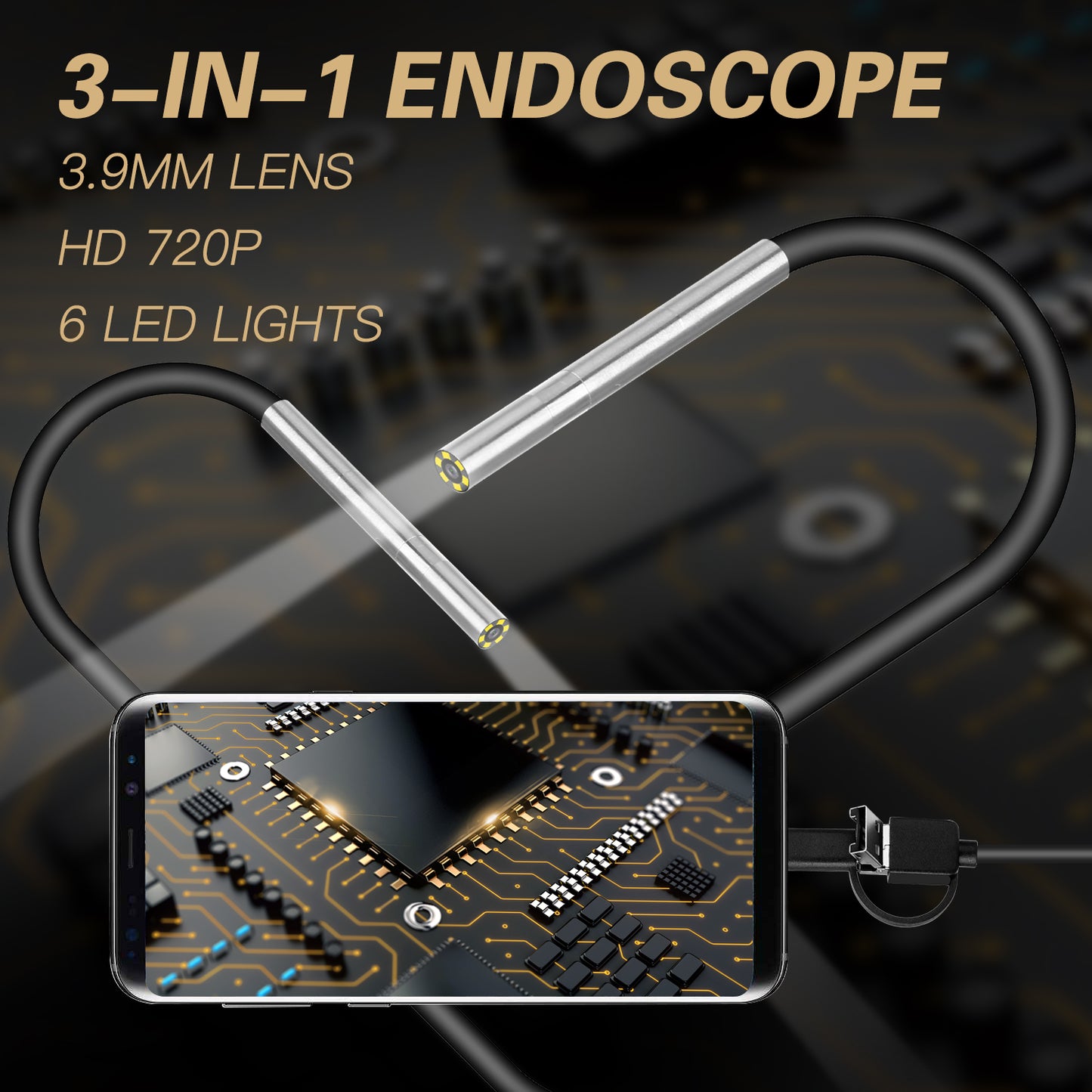 AN100 3-in-1 Endoscope Inspection Camera 3.9mm Snake Camera with 5M Semi-Rigid Cable