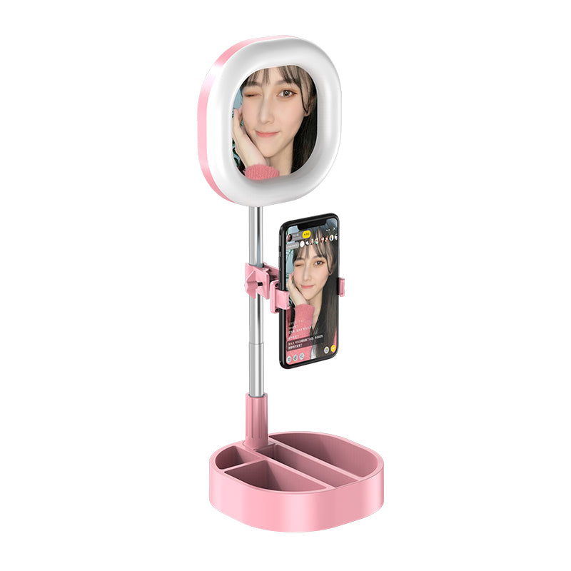 Y3 Foldable Storage Beauty Makeup Mirror Live Broadcast Light Desktop Phone Holder Ring Light - Pink