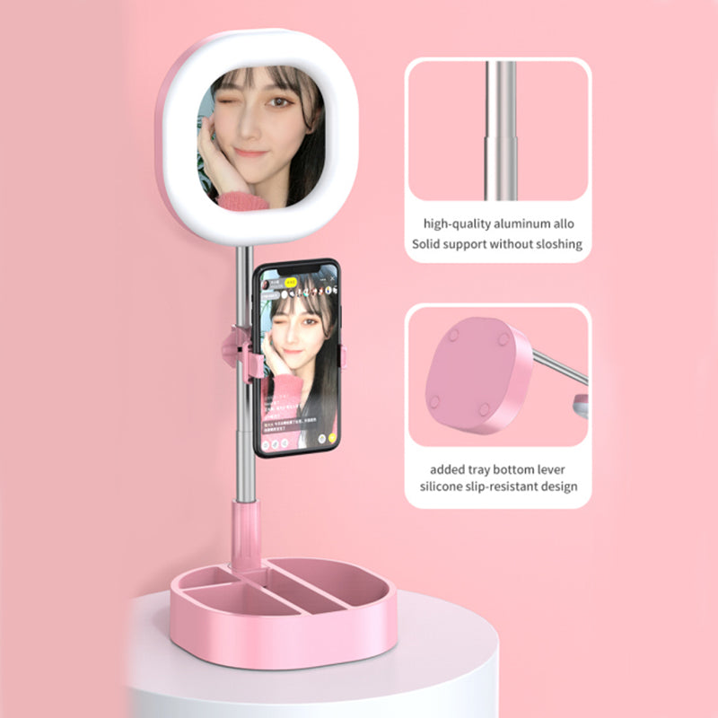 Y3 Foldable Storage Beauty Makeup Mirror Live Broadcast Light Desktop Phone Holder Ring Light - Pink