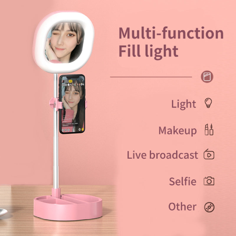 Y3 Foldable Storage Beauty Makeup Mirror Live Broadcast Light Desktop Phone Holder Ring Light - Pink