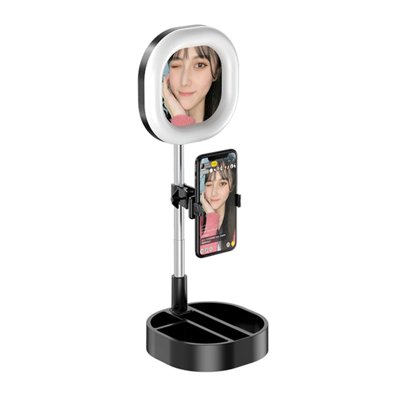 Y3 Foldable Storage Beauty Makeup Mirror Live Broadcast Light Desktop Phone Holder Ring Light - Black
