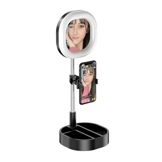 Y3 Foldable Storage Beauty Makeup Mirror Live Broadcast Light Desktop Phone Holder Ring Light - Black