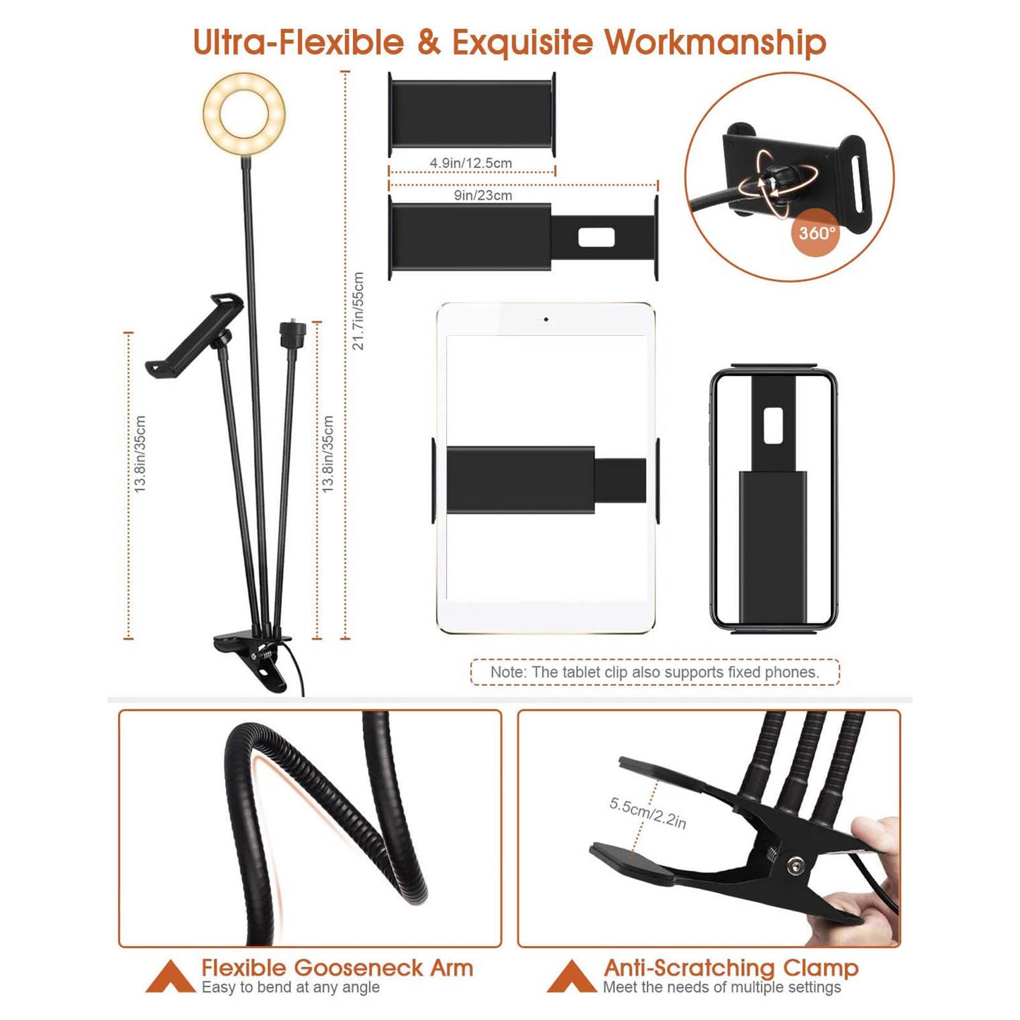 3-in-1 3.5inch Selfie Ring Light+Phone Holder+Webcam Stand with Flexible Gooseneck Arm for Video Conference YouTube Live Streaming Online Meeting Vlogging