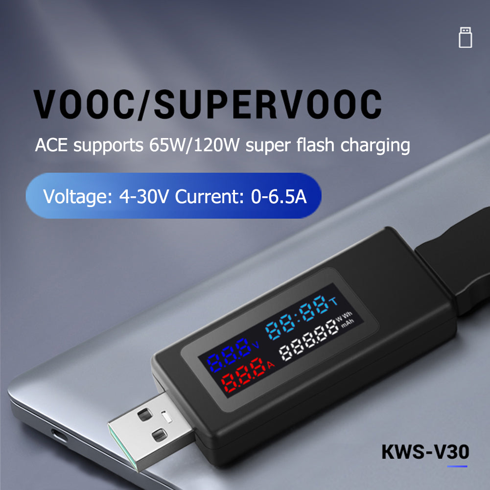 KWS-V30 6-in-1 USB Tester IPS Display DC Digital Voltage Power Timing Capacity Meter Detector - White