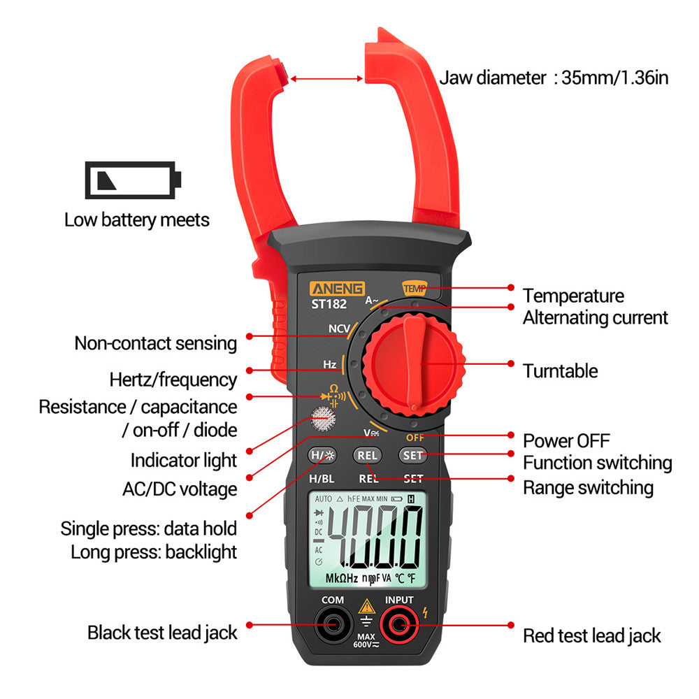 Aneng ST182 Digital Clamp Meter Multimeter DC/AC Current 4000 Counts Ammeter Voltage Tester Car Amp Hz Capacitance NCV Ohm Test Tool