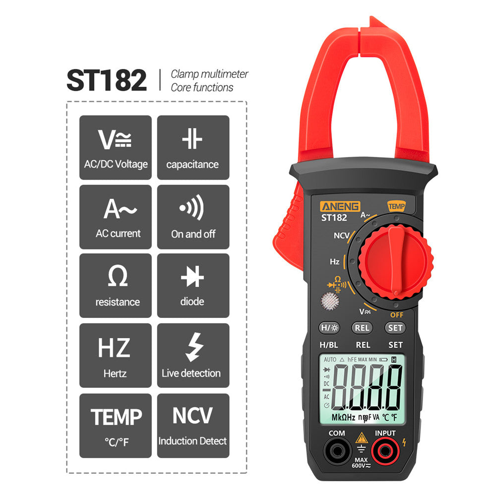 Aneng ST182 Digital Clamp Meter Multimeter DC/AC Current 4000 Counts Ammeter Voltage Tester Car Amp Hz Capacitance NCV Ohm Test Tool