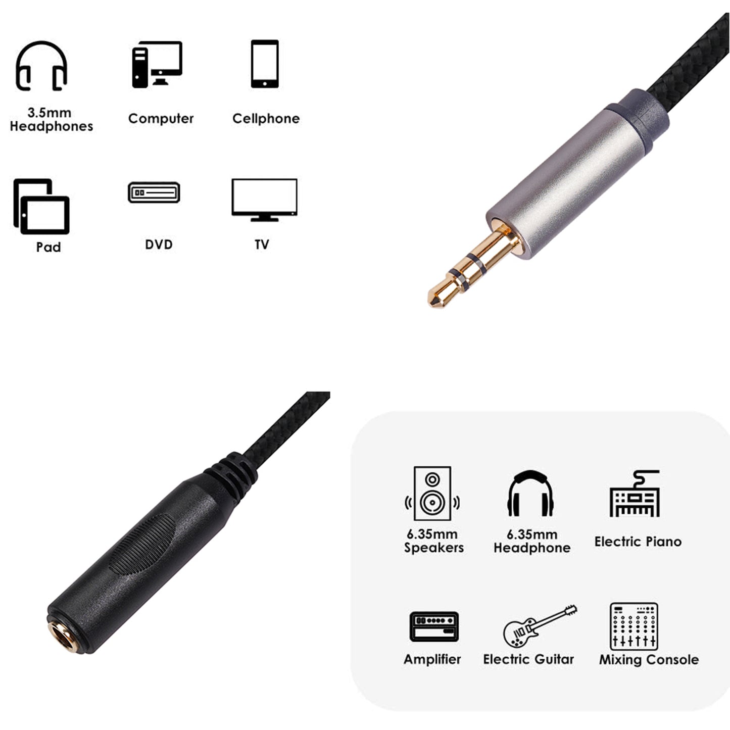 2Pcs/Set 3662B-02-03 3.5mm Male to 6.35mm Female 1/8 to 1/4 Stereo Audio Adapter for Amplifiers Guitar Piano Home Theater Devices