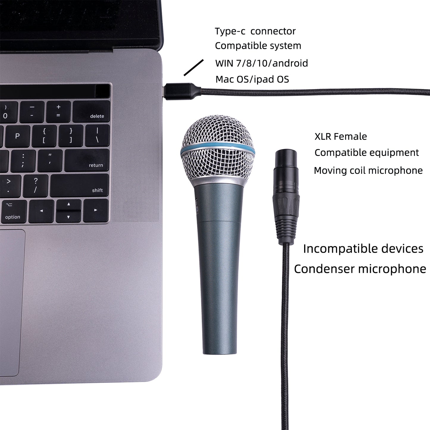 TY20F 3m Type-C Male to XLR Female Mic Audio Cable Microphone Recording Cord