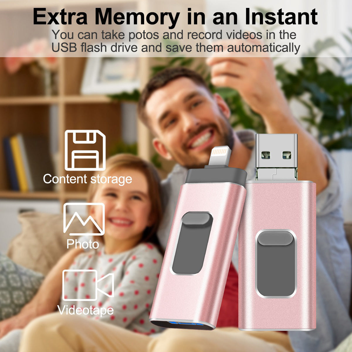 Uniqkart R-01B 64GB Driver Free USB 3.0 Flash Drive USB Memory Stick Thumb Drive Photo Stick for iPhone Android PC - Pink