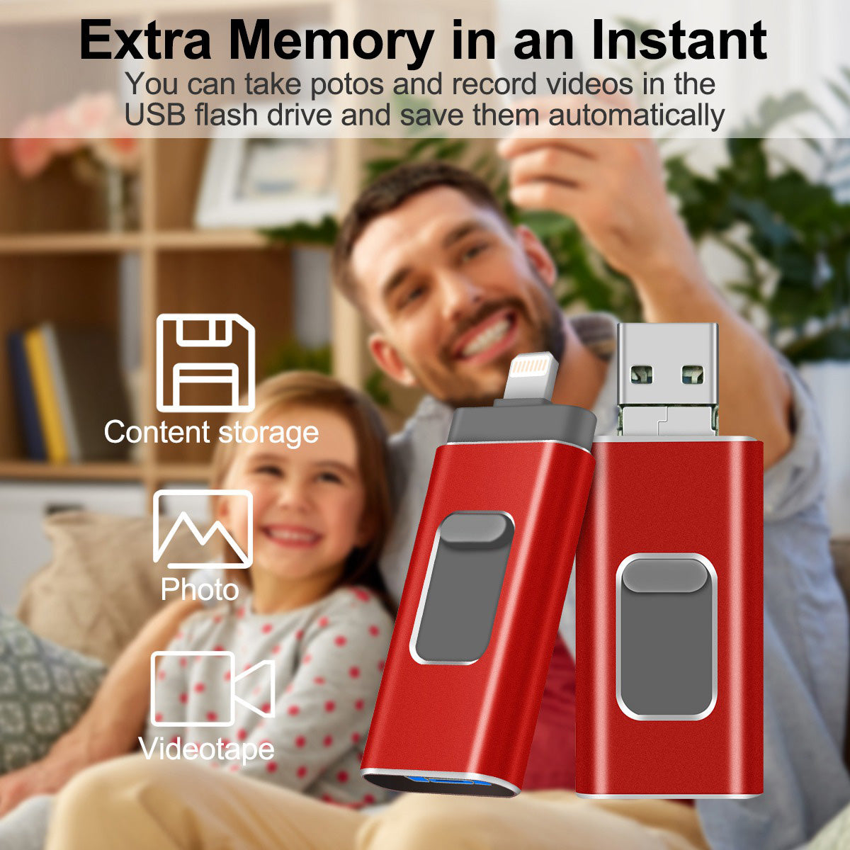 Uniqkart R-01B 64GB Driver Free USB 3.0 Flash Drive USB Memory Stick Thumb Drive Photo Stick for iPhone Android PC - Red
